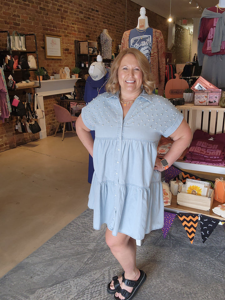 Pearl Embellished Denim Dress