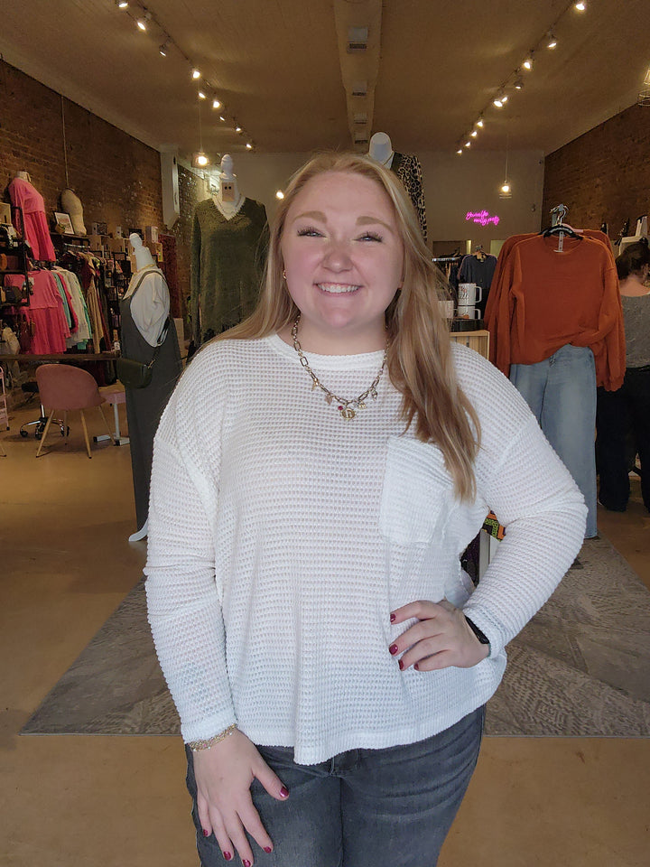 Long Sleeve Waffle Front Pocket Top