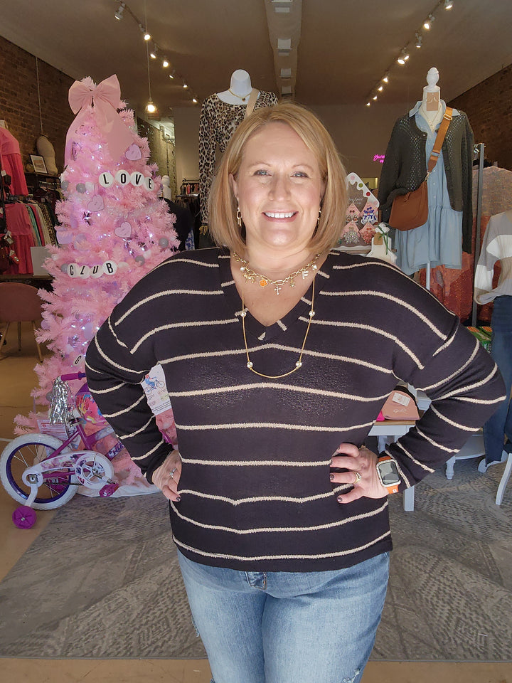 Loose Weave Stripe V Neck Top