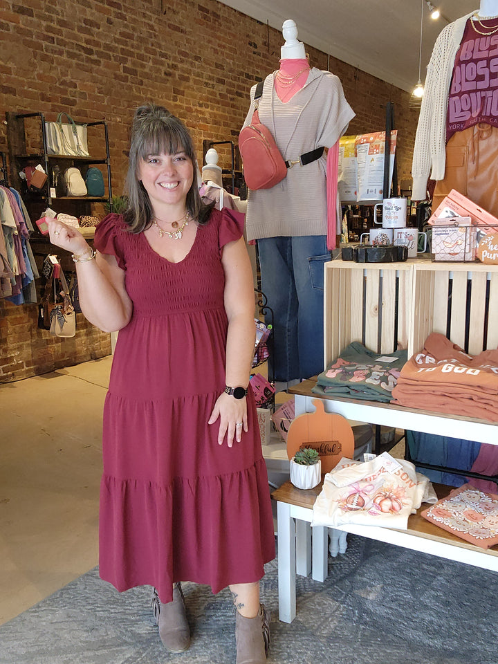 Wine V Neck Smocked Dress