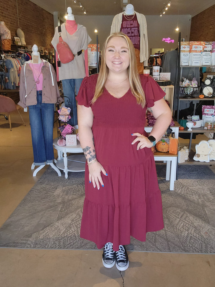 Wine V Neck Smocked Dress