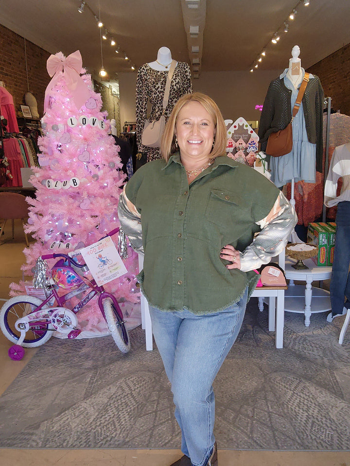 Knit Sleeve Denim Shacket