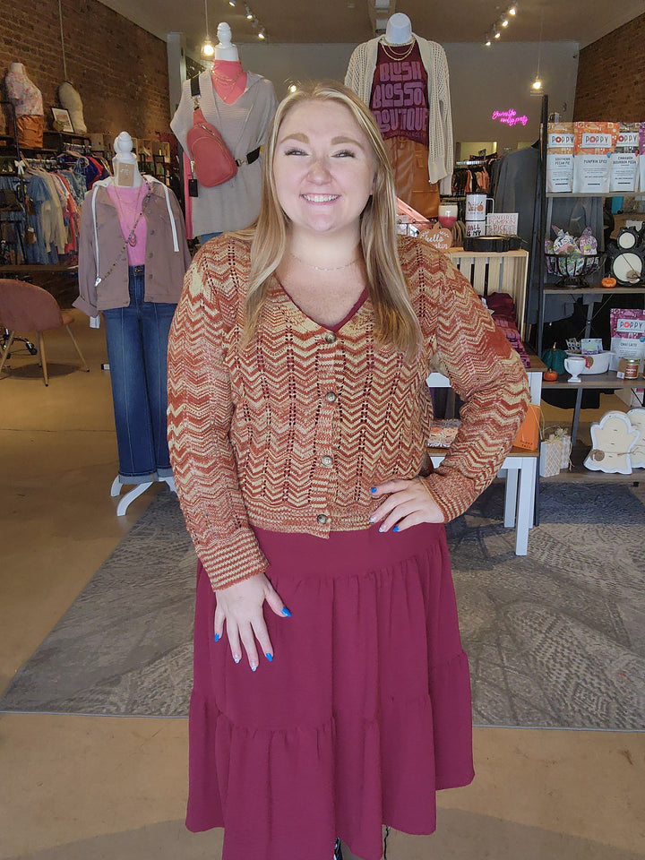 Rust Open Weave Button Cardigan