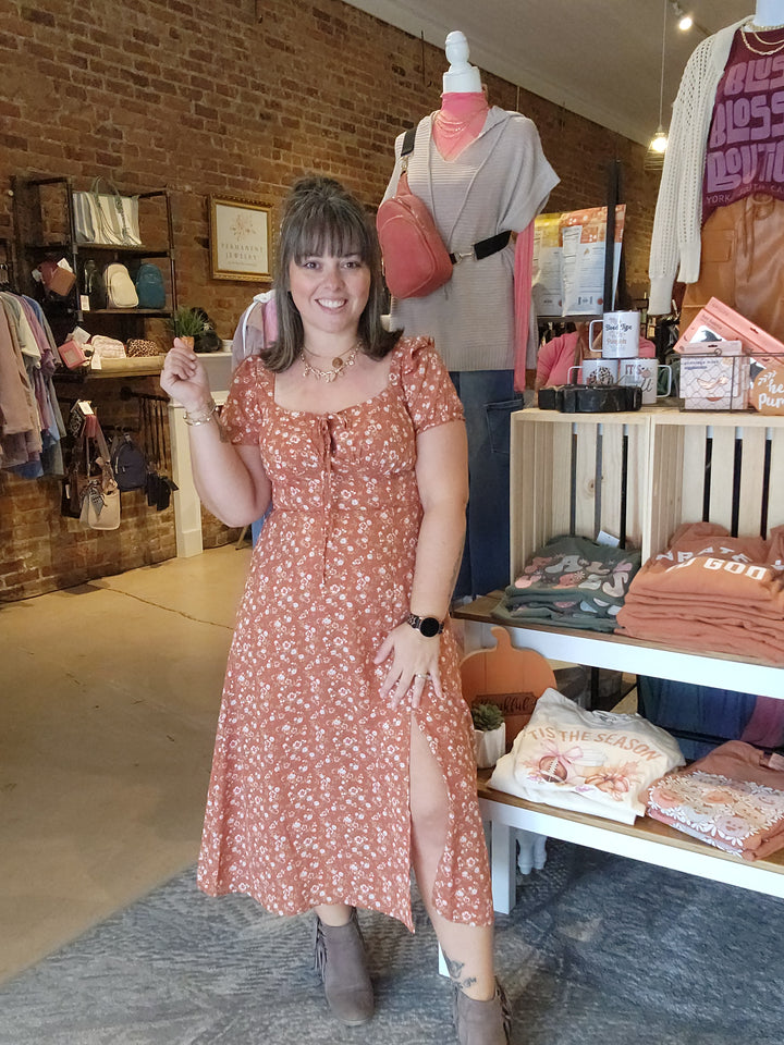 Rust Floral Midi Dress