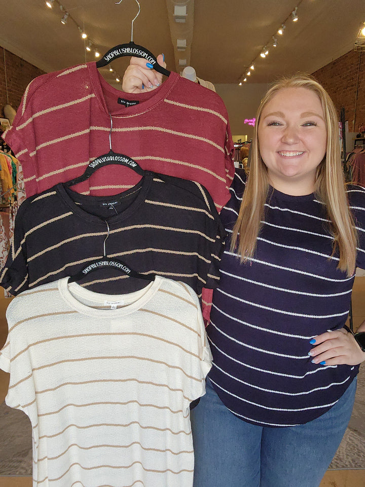 Round Neck Stripe Short Sleeve Knit Top