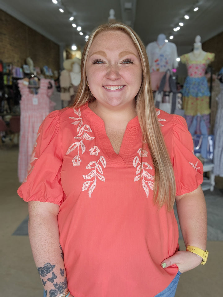 Salmon Embroidered Peasant Blouse