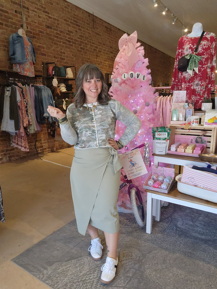 Sage Ruched Asymetric Midi Skirt