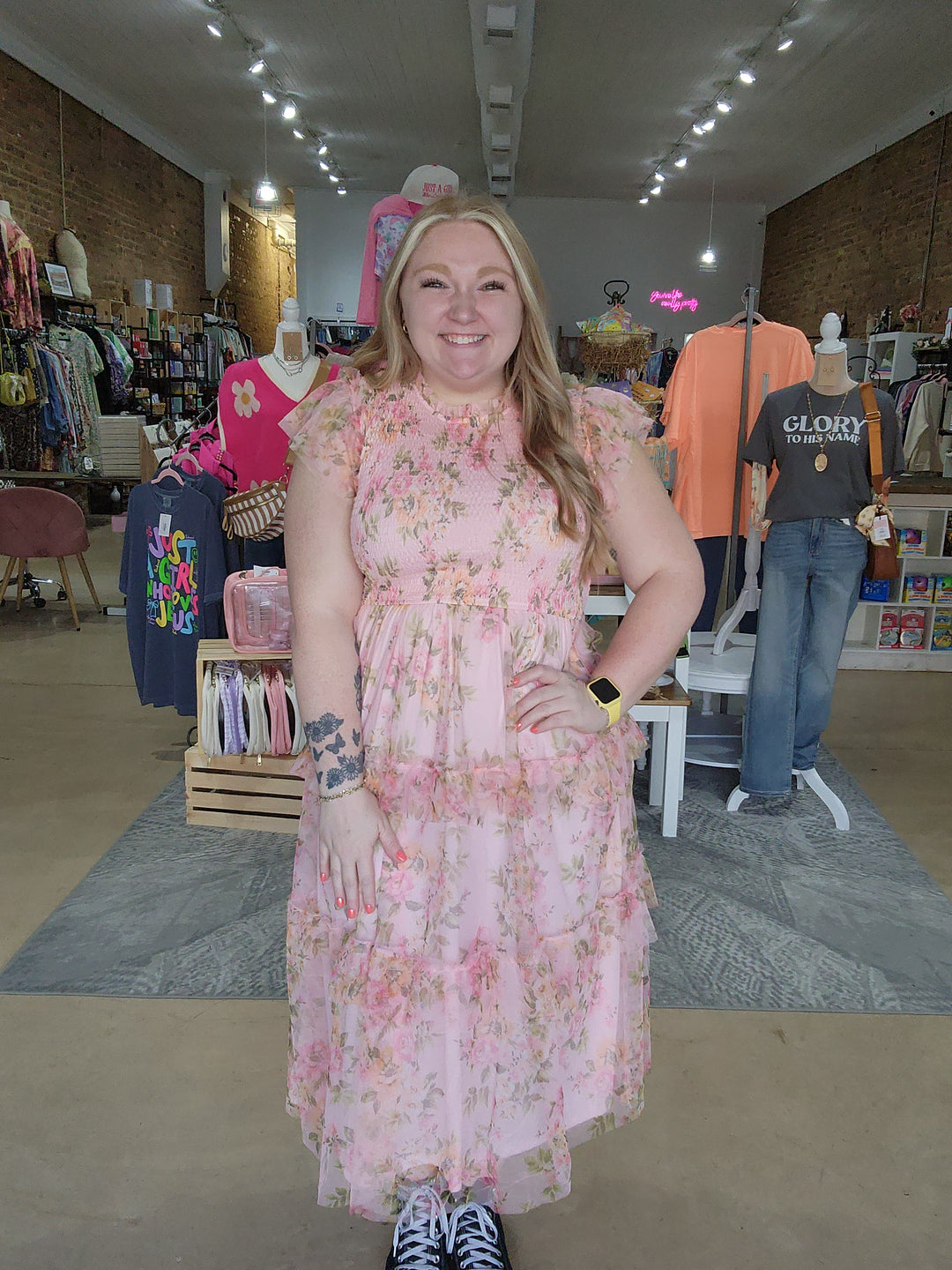 Floral Tulle Smocked Midi Dress