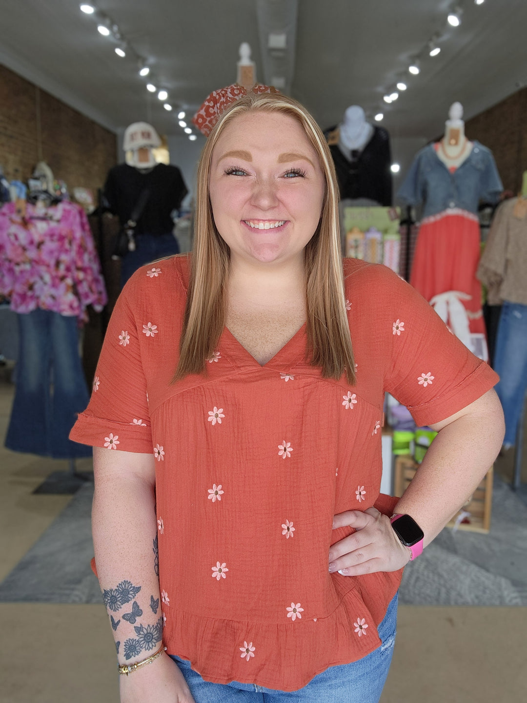 Rust Flower Embroidered Woven Top