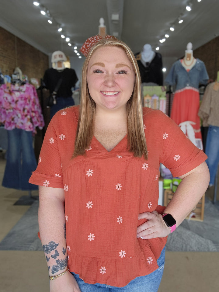 Rust Flower Embroidered Woven Top