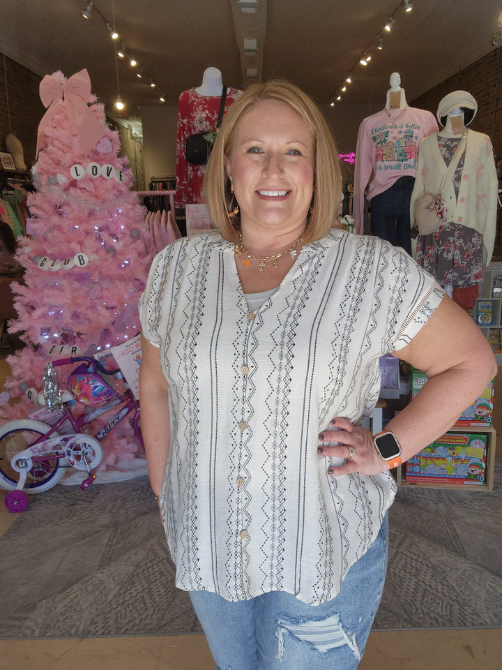 Geo Print Faux Button Top