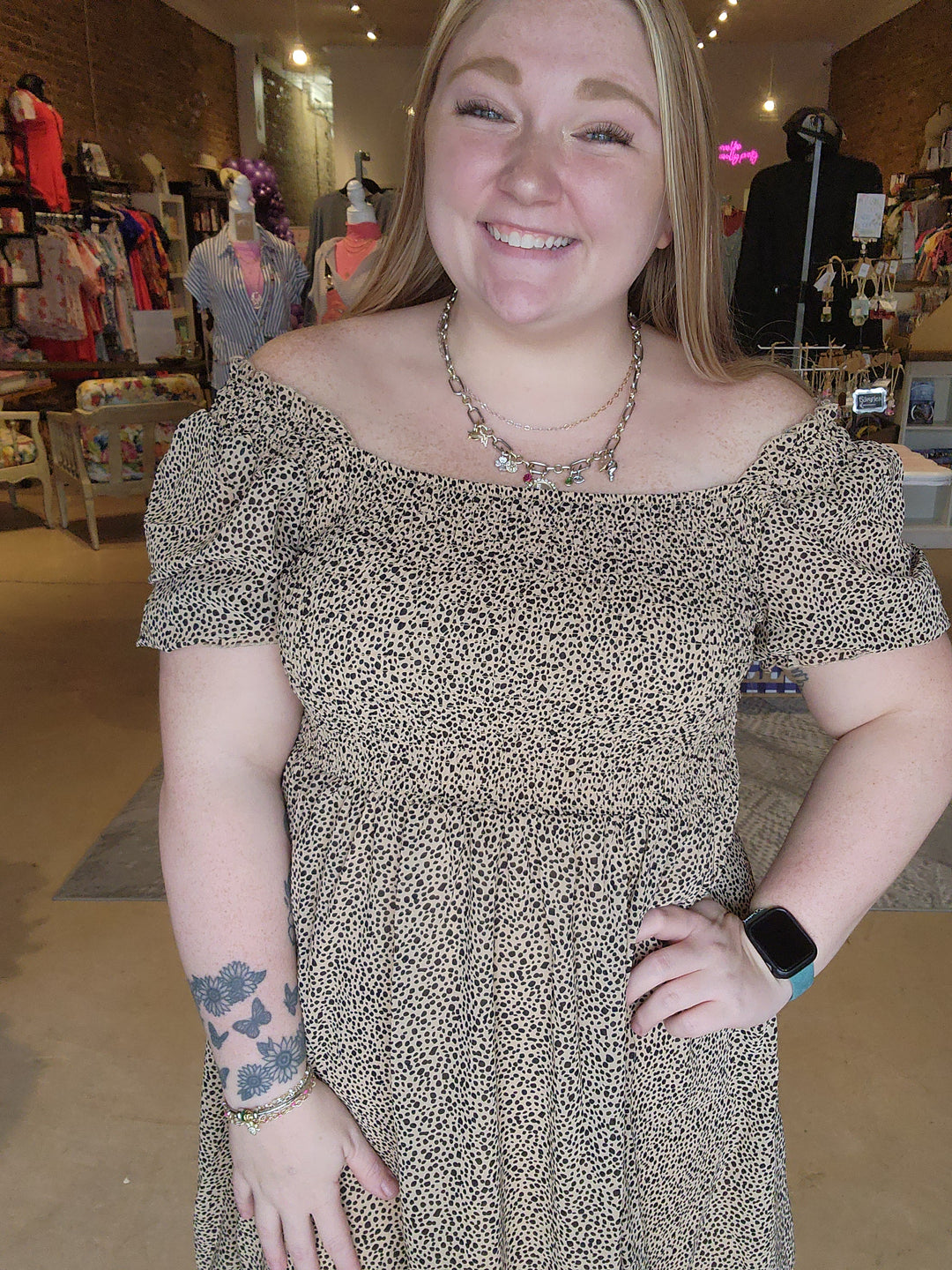 Smocked Chiffon Leopard Dress