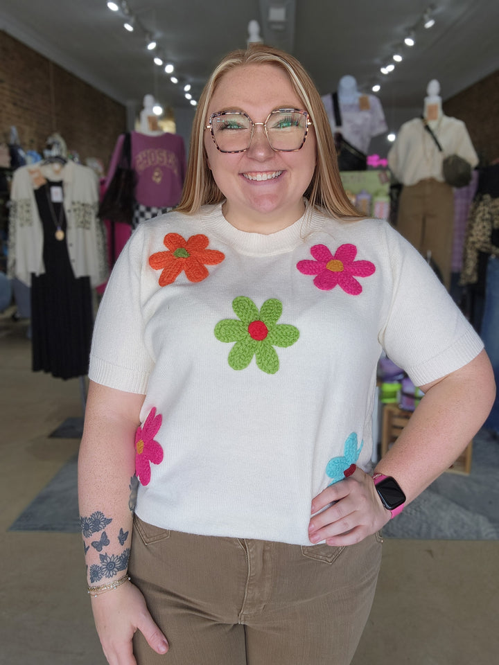 Crochet Flower Short Sleeve Sweater