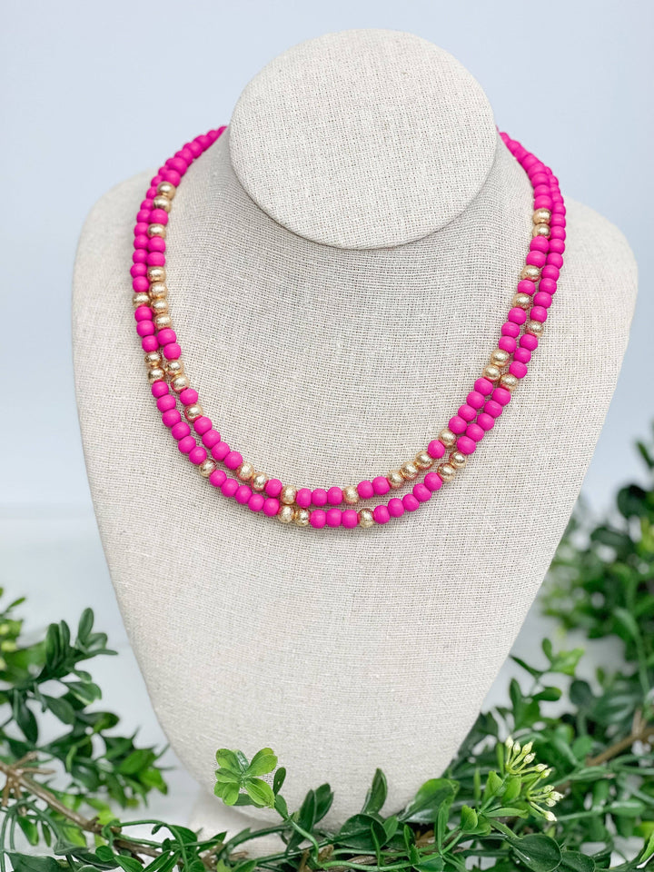 Gold & Color Bead Dual Strand Necklaces in Pink